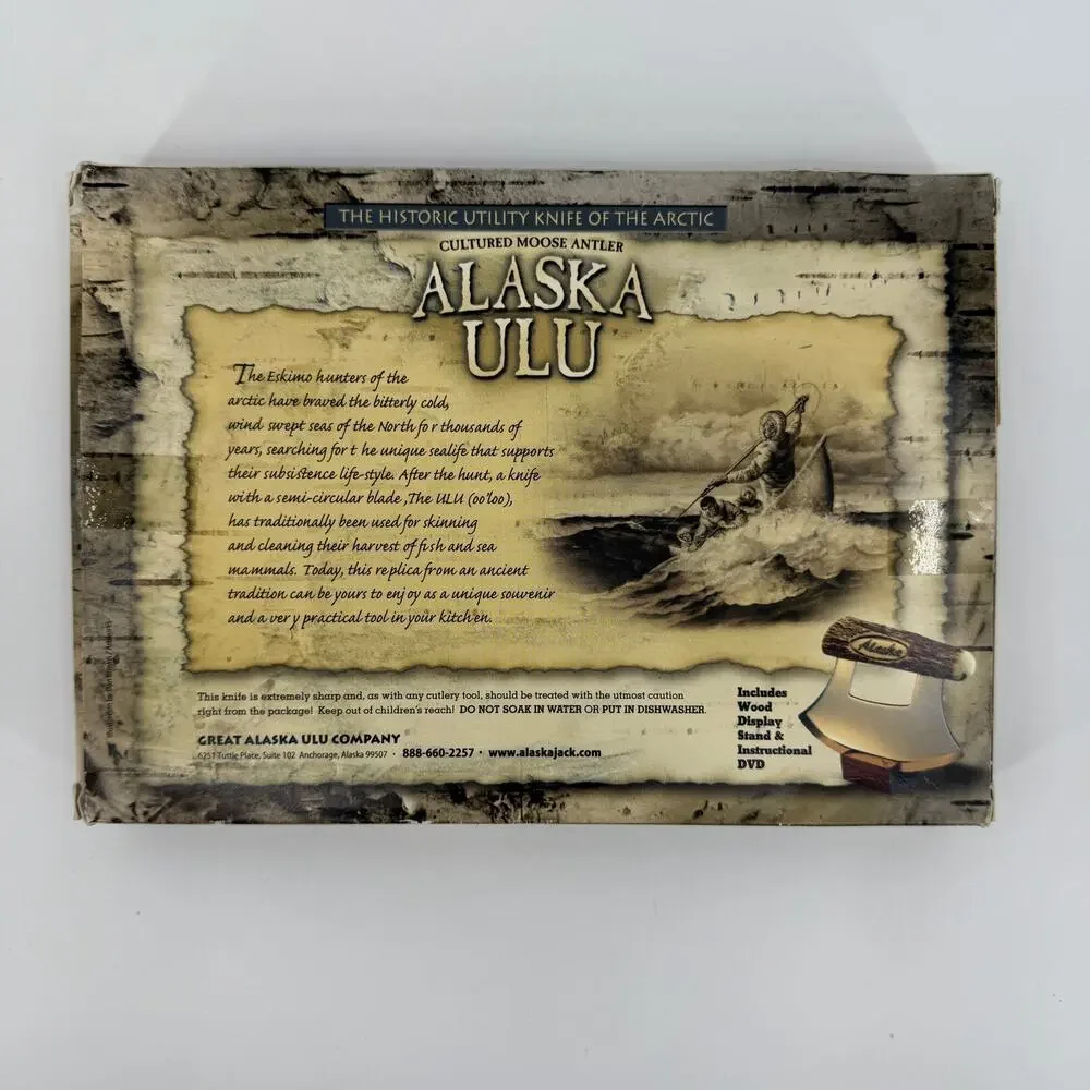 Alaska ULU Chopping Knife Display Wood Stand DVD Cultured Moose Antler & Steel